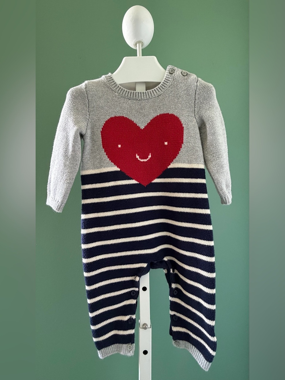 GAP Grey Knit Sweater Romper with Red Heart and Navy Stripes